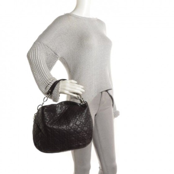 Authentic CHRISTIAN DIOR Cannage Quilted Lambskin Leather Soft Hobo Bag Brown - Picture 3 of 15